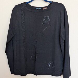 DLG lightweight black sweater cables and flowers Large EUC